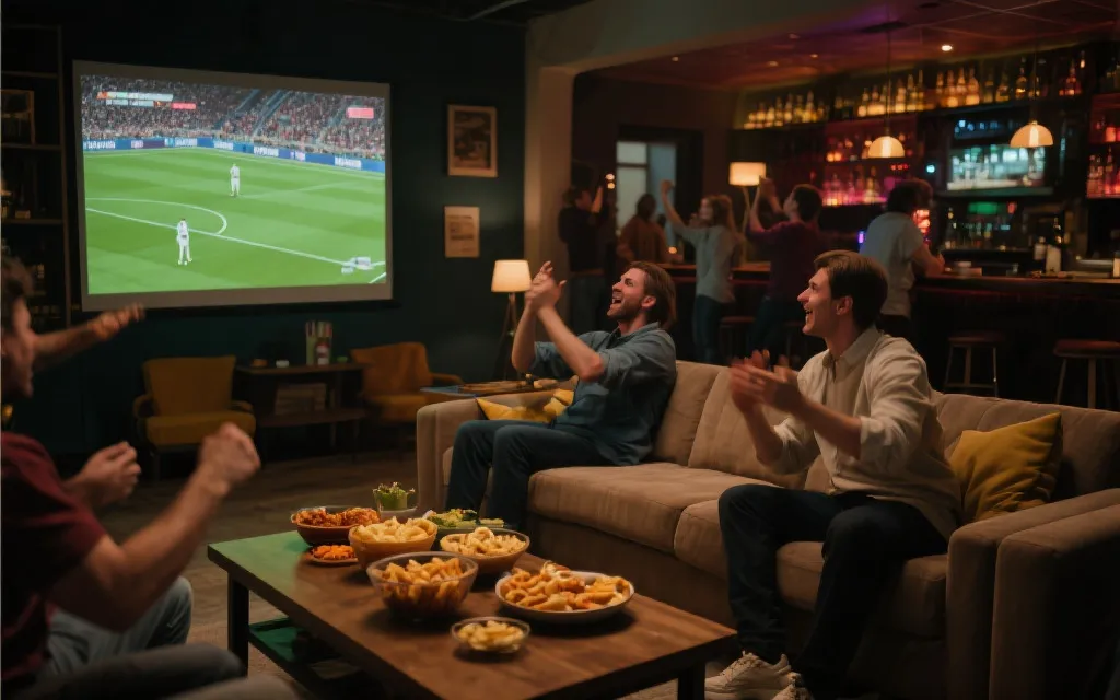 体育酒吧或家庭客厅的观赛场景，桌上有零食与记分牌