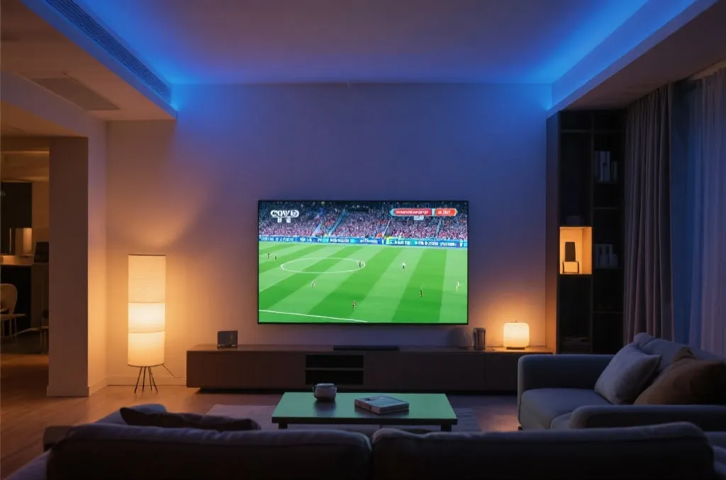 大屏电视播放世界杯4K HDR直播，客厅灯光柔和，画面清晰沉浸